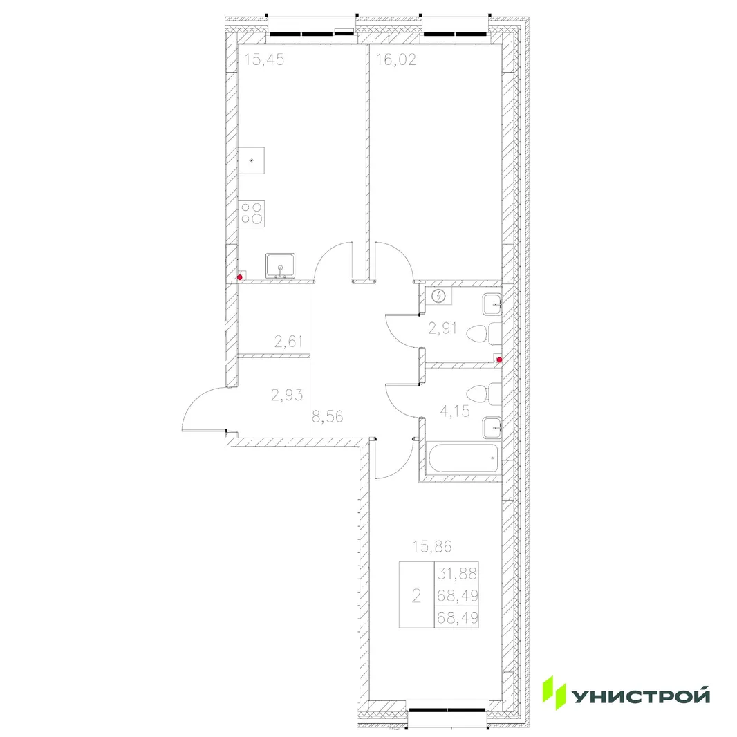 Планировка 2-комн. квартира, 68.49 м² ЖК «Statum»