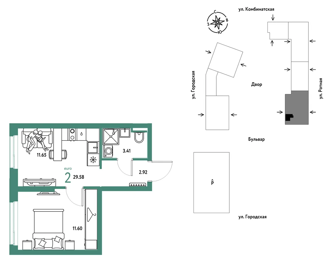 Планировка 2-комн. квартира, 29.58 м² ЖК «Уральский сад»