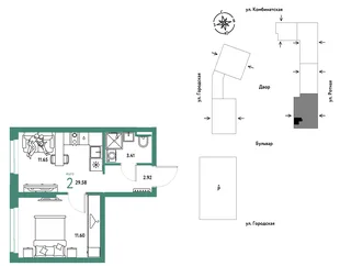 Планировка 2-комн. квартира, 29.58 м² ЖК «Уральский сад»