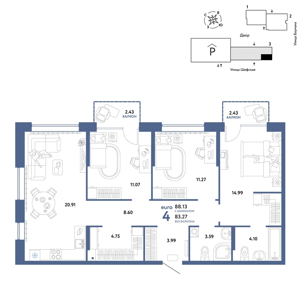 Планировка 4-комн. квартира, 88.13 м² ЖК «Страна.Энтузиастов»