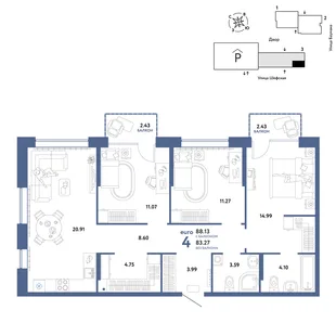 Планировка 4-комн. квартира, 88.13 м² ЖК «Страна.Энтузиастов»