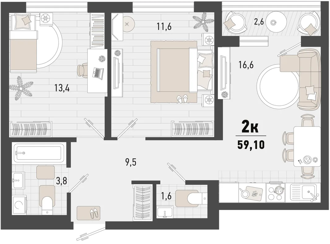 Планировка 2-комн. квартира, 59.1 м² ЖК «Барса»
