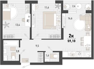 Планировка 2-комн. квартира, 59.1 м² ЖК «Барса»