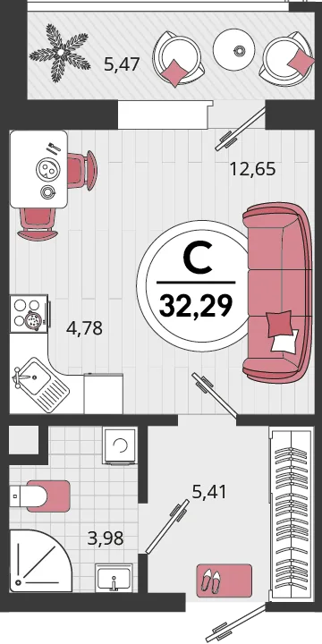 Планировка 1-комн. квартира, 32.29 м² ЖК «Родные просторы»