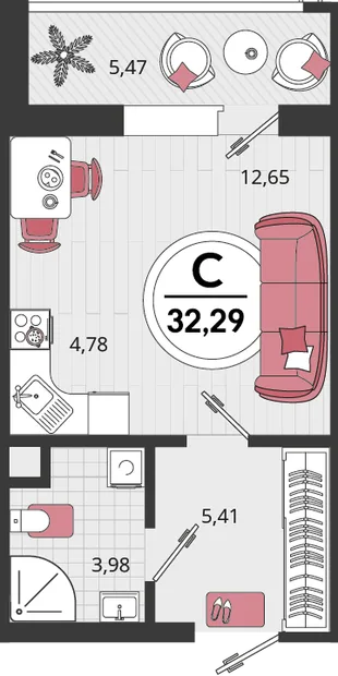 Планировка 1-комн. квартира, 32.29 м² ЖК «Родные просторы»
