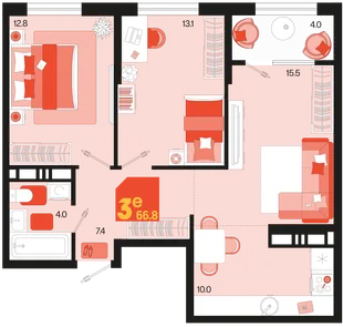 Планировка 3-комн. квартира, 66.8 м² ЖК «Первое место»