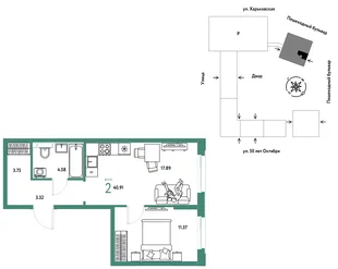 Планировка 2-комн. квартира, 40.91 м² ЖК «Сердце Сибири»