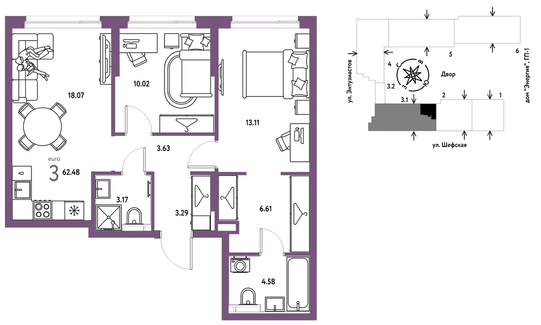 Планировка 3-комн. квартира, 62.48 м² ЖК «Страна.Энтузиастов»
