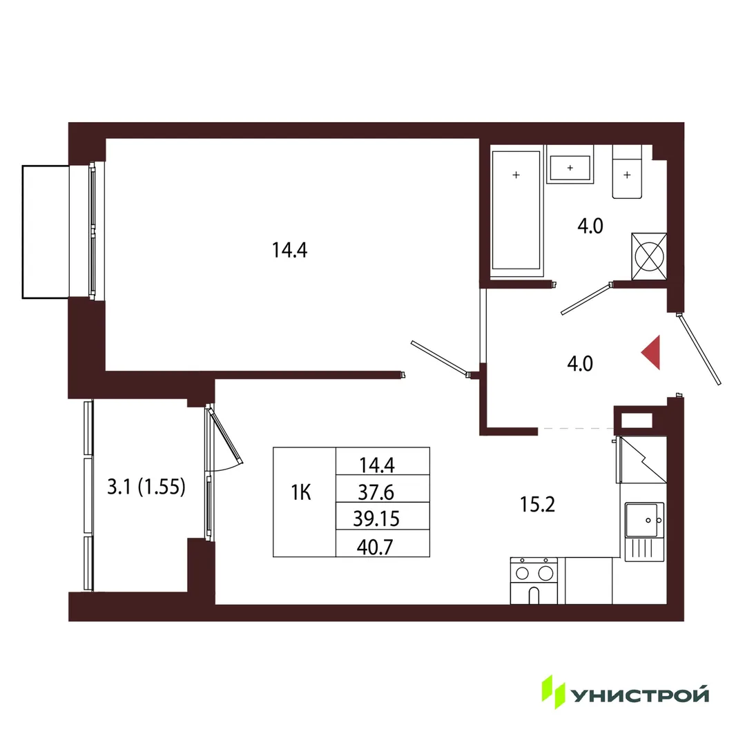 Планировка 1-комн. квартира, 39.15 м² ЖК «Лисино»