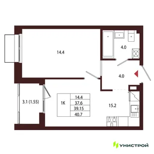 Планировка 1-комн. квартира, 39.15 м² ЖК «Лисино»
