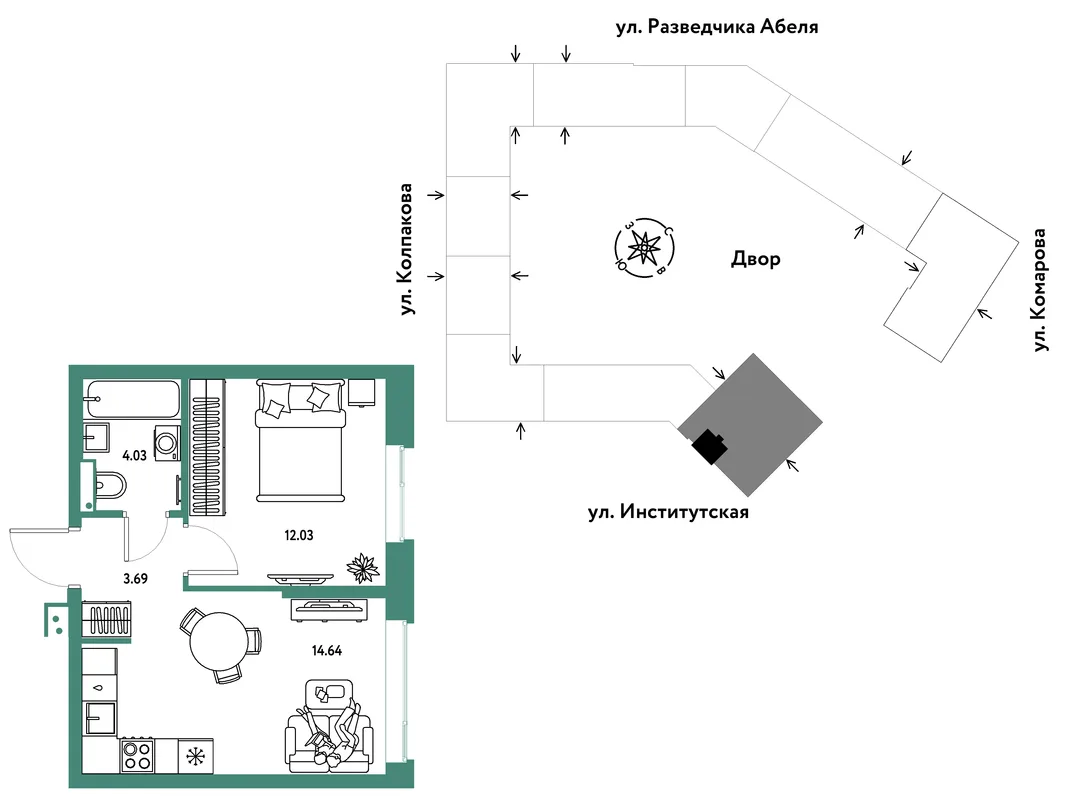 Планировка 2-комн. квартира, 34.39 м² ЖК «Страна.Парковая»