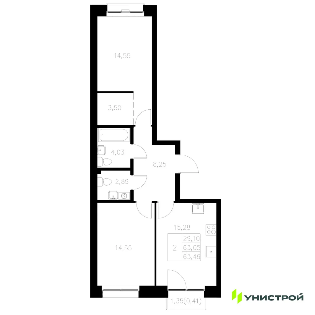 Планировка 2-комн. квартира, 63.46 м² ЖК «Statum»