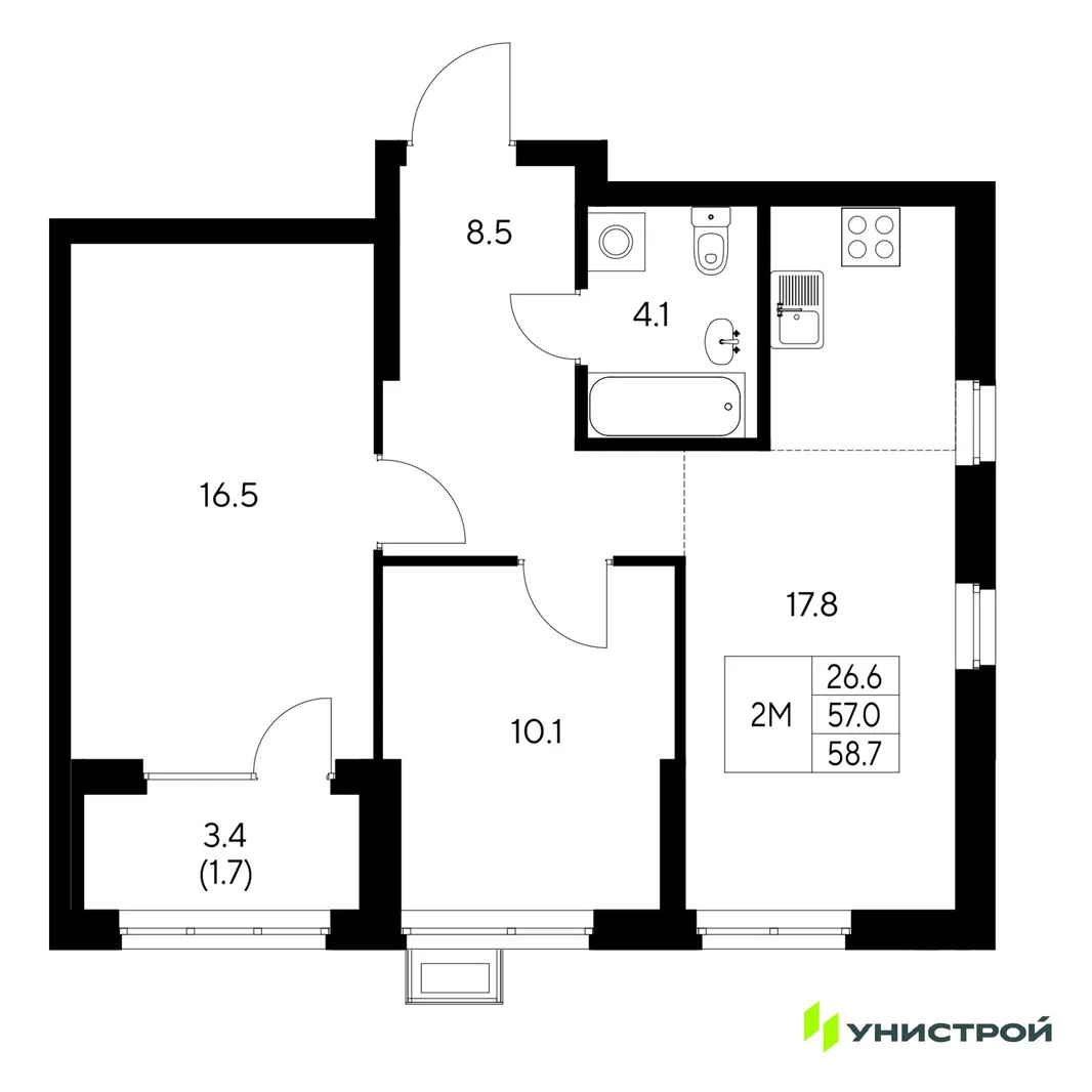 Планировка 2-комн. квартира, 58.7 м² ЖК «Стадиум»