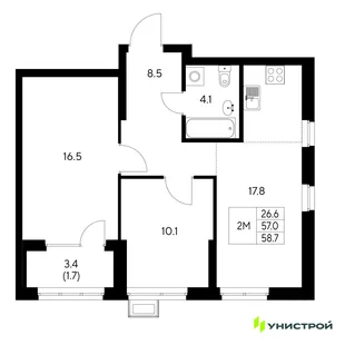 Планировка 2-комн. квартира, 58.7 м² ЖК «Стадиум»