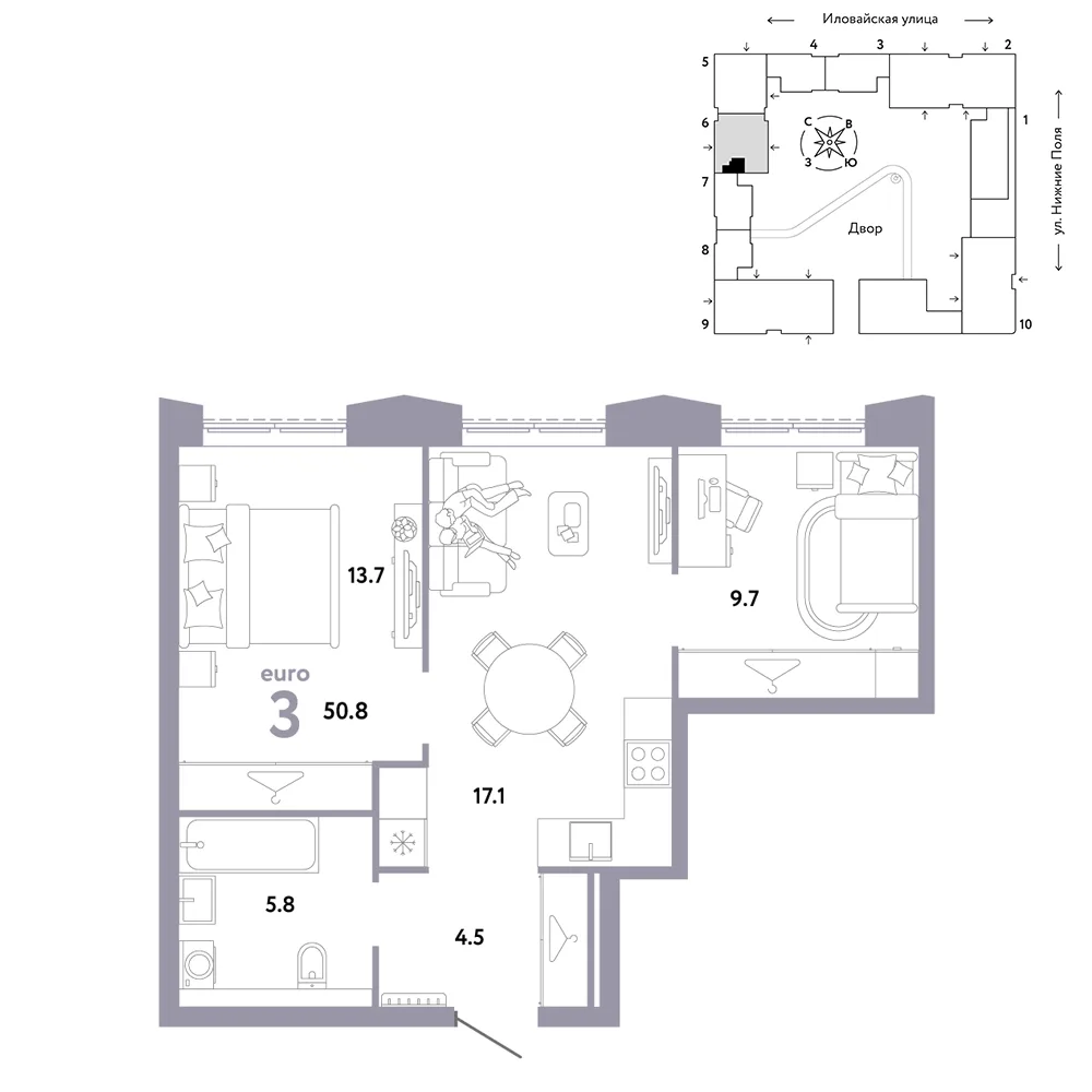 Планировка 3-комн. квартира, 50.8 м² ЖК «Страна.Заречная»