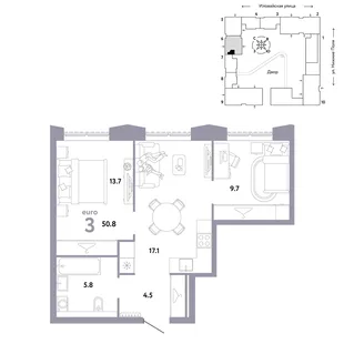 Планировка 3-комн. квартира, 50.8 м² ЖК «Страна.Заречная»