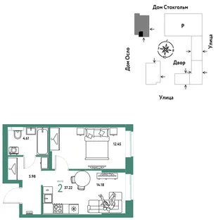 Планировка 2-комн. квартира, 37.22 м² ЖК «Европейский берег 2.0»