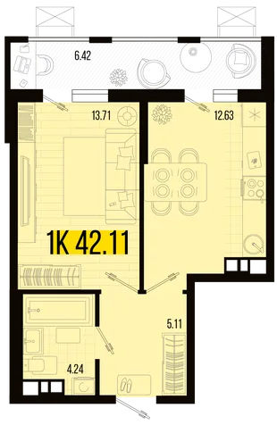 Планировка 1-комн. квартира, 38.9 м² ЖК «Цветной бульвар»
