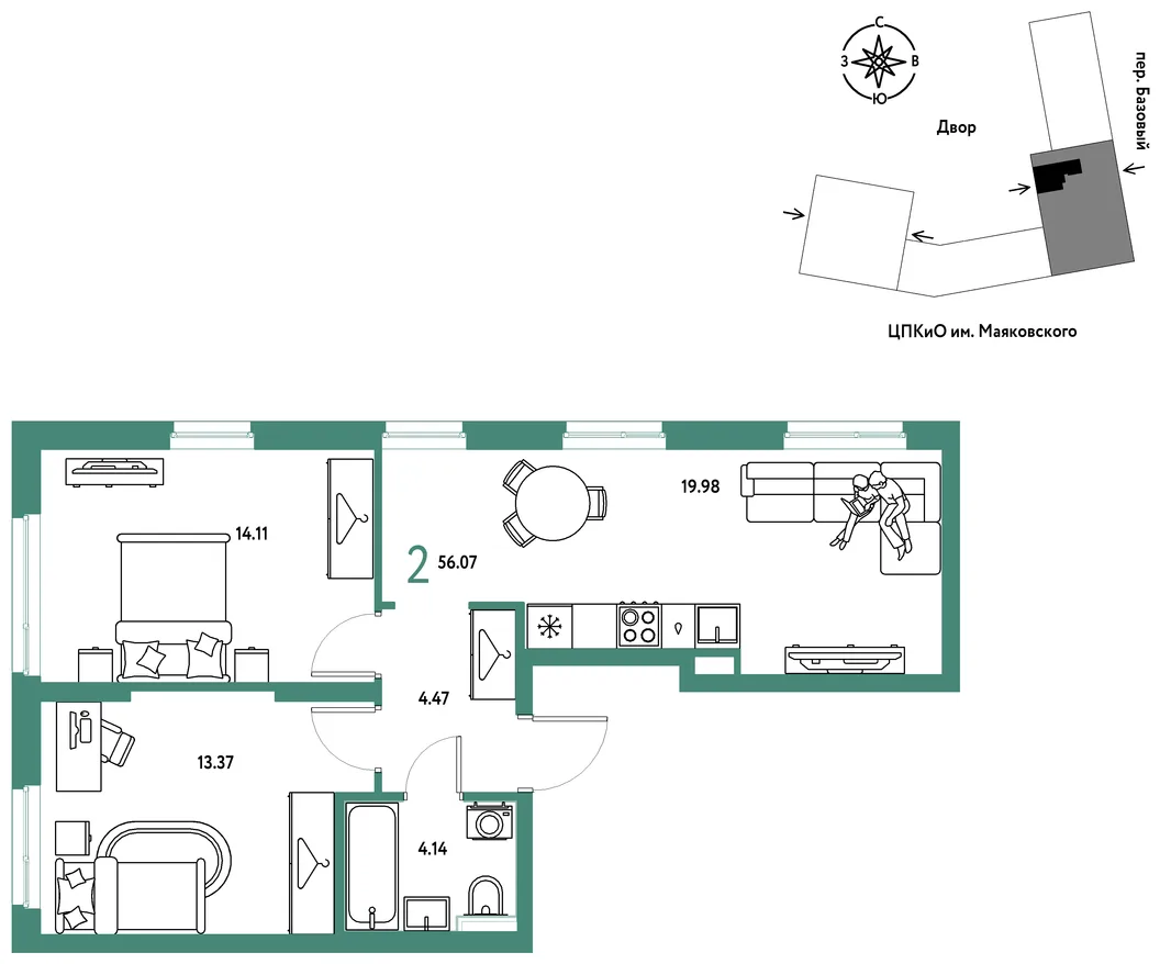 Планировка 2-комн. квартира, 56.07 м² ЖК «Сибирский сад»