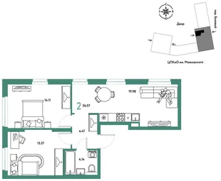 Планировка 2-комн. квартира, 56.07 м² ЖК «Сибирский сад»