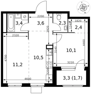 Планировка 2-комн. квартира, 45.2 м² ЖК «1-й Химкинский»