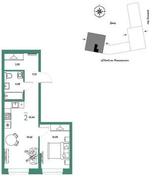 Планировка 2-комн. квартира, 43.44 м² ЖК «Сибирский сад»
