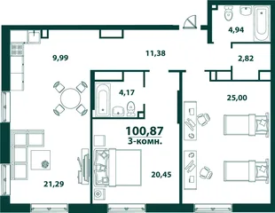 Планировка 3-комн. квартира, 100.87 м² ЖК «Аквамарин 2»