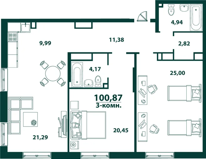 Планировка 3-комн. квартира, 100.87 м² ЖК «Аквамарин 2» Планировка 3-комн. квартира, 100.87 м² ЖК «Аквамарин 2»