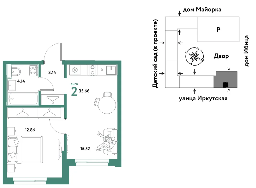 Планировка 2-комн. квартира, 35.66 м² ЖК «Остров-сад»