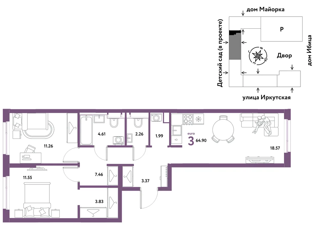 Планировка 3-комн. квартира, 64.9 м² ЖК «Остров-сад»