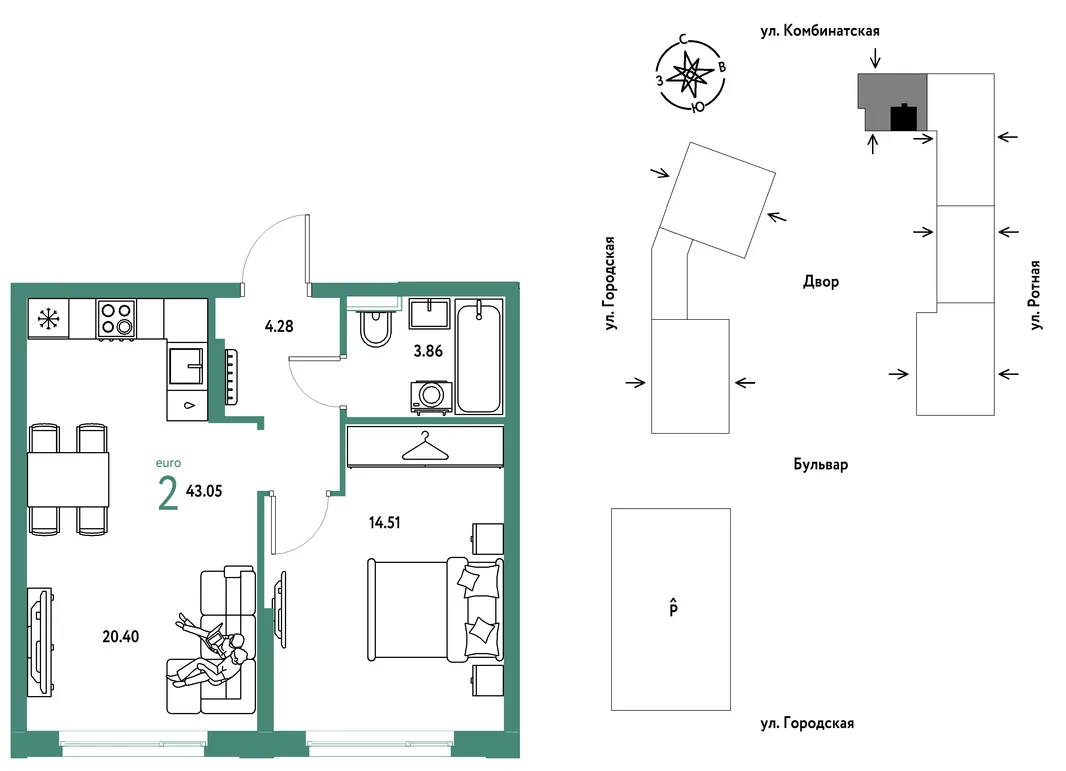 Планировка 2-комн. квартира, 43.05 м² ЖК «Уральский сад»