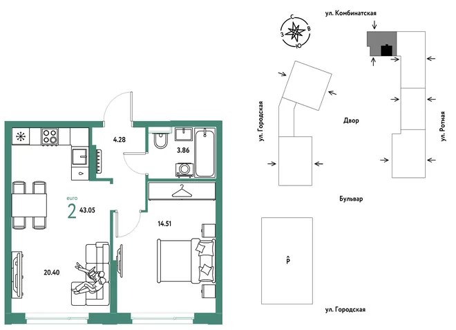 Планировка 2-комн. квартира, 43.05 м² ЖК «Уральский сад»