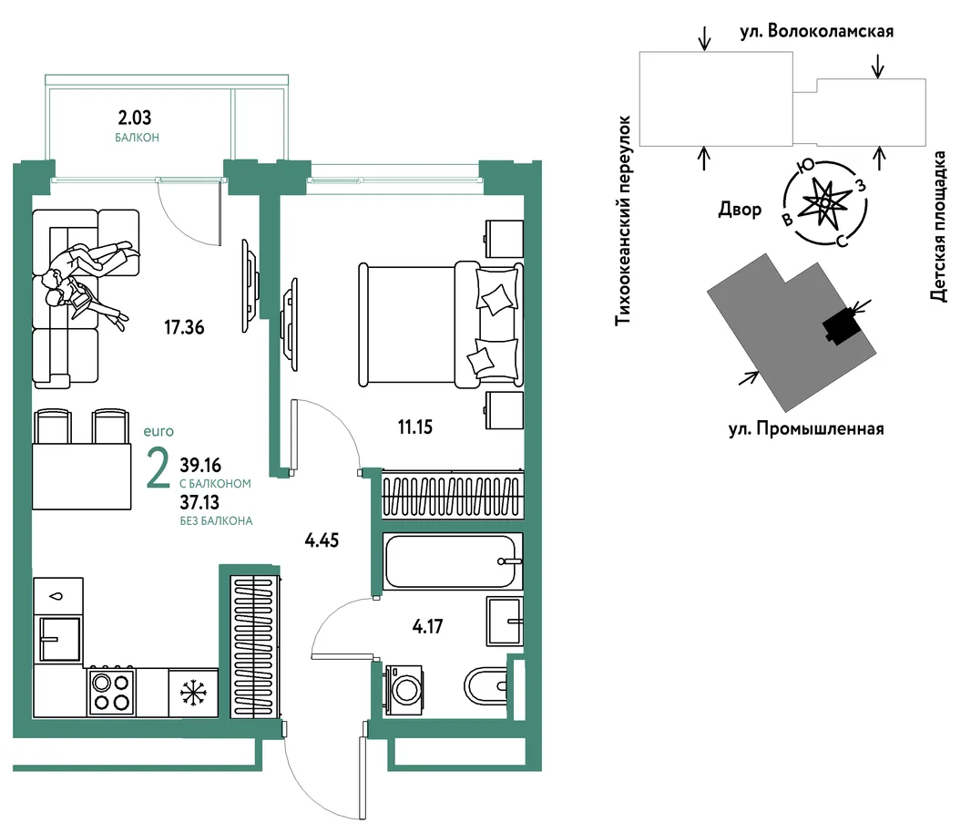 Планировка 2-комн. квартира, 39.16 м² ЖК «Страна Прибрежная»