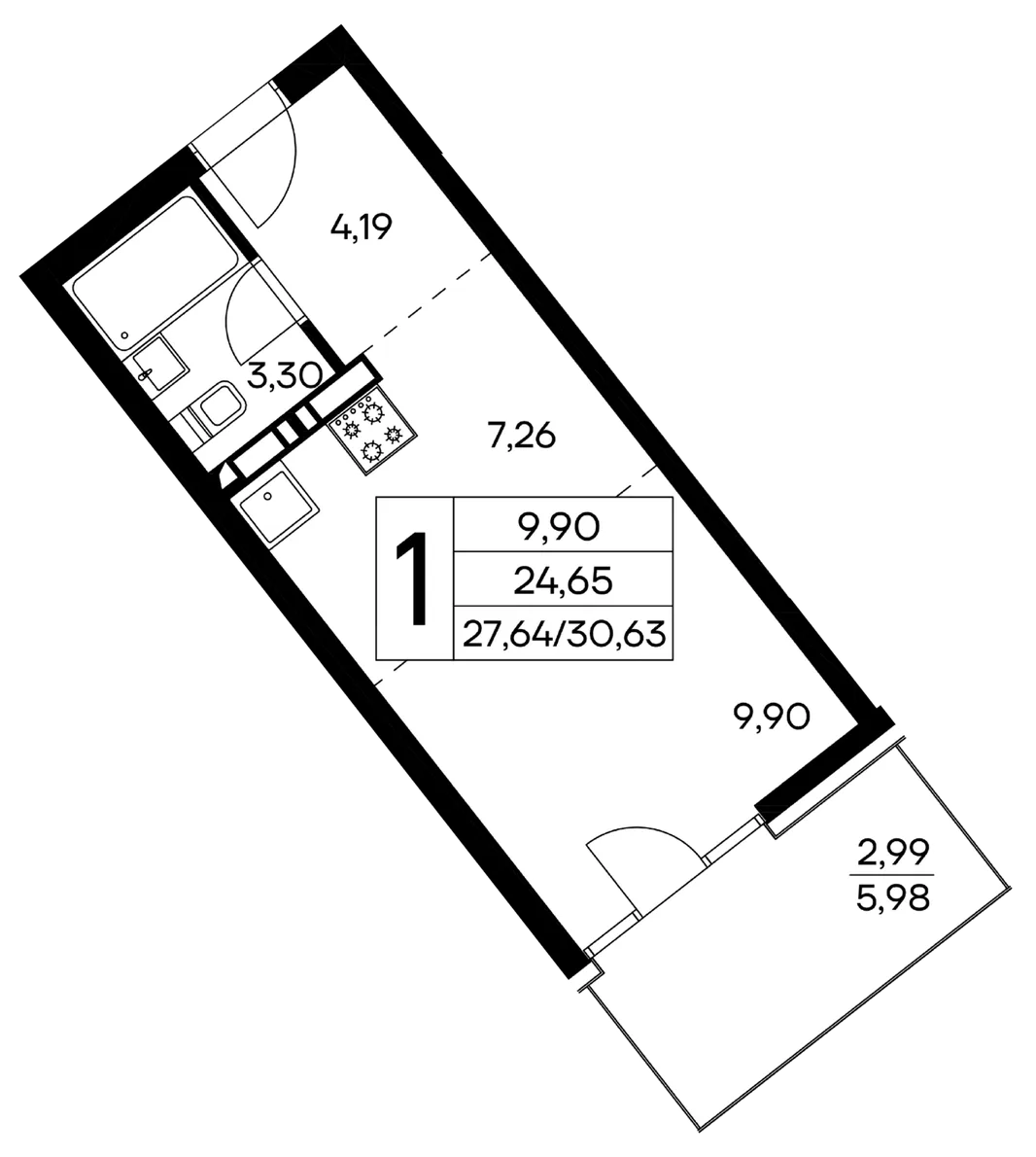 Планировка 1-комн. квартира, 30.63 м² ЖК «Лучистое»