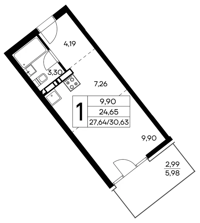 Планировка 1-комн. квартира, 30.63 м² ЖК «Лучистое»
