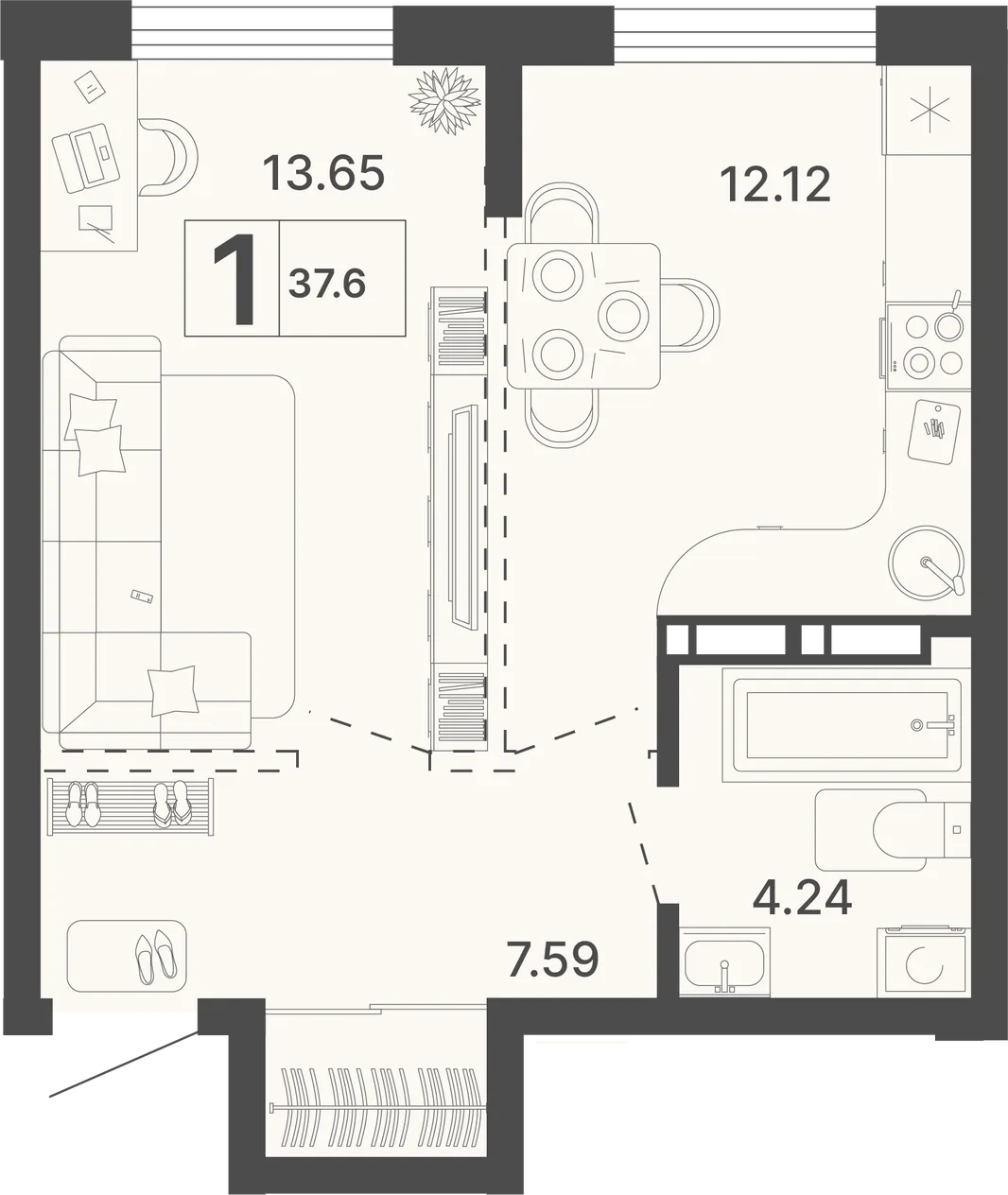 Планировка 1-комн. квартира, 37.6 м² ЖК «Светский лес»