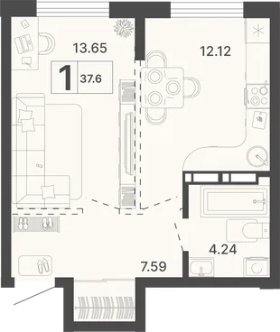 Планировка 1-комн. квартира, 37.6 м² ЖК «Светский лес»