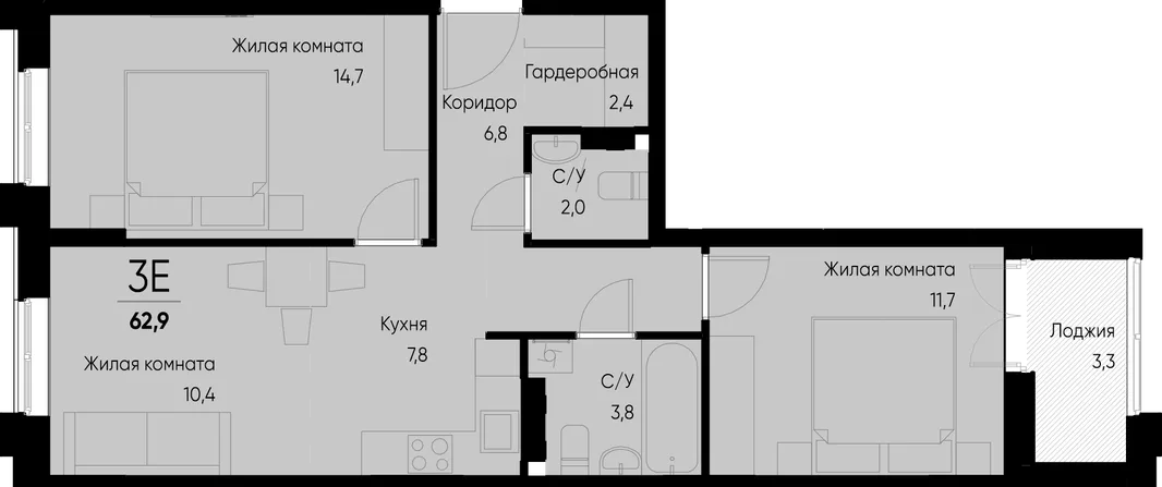 Планировка 3-комн. квартира, 62.9 м² ЖК «Васильевский остров»