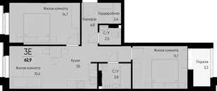 Планировка 3-комн. квартира, 62.9 м² ЖК «Васильевский остров»