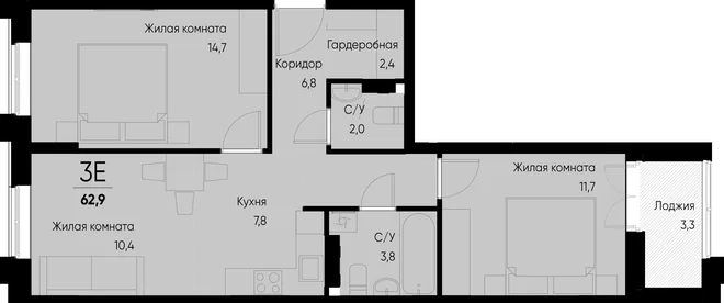 Планировка 3-комн. квартира, 62.9 м² ЖК «Васильевский остров» Планировка 3-комн. квартира, 62.9 м² ЖК «Васильевский остров»