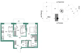 Планировка 2-комн. квартира, 54.19 м² ЖК «Остров-сад»