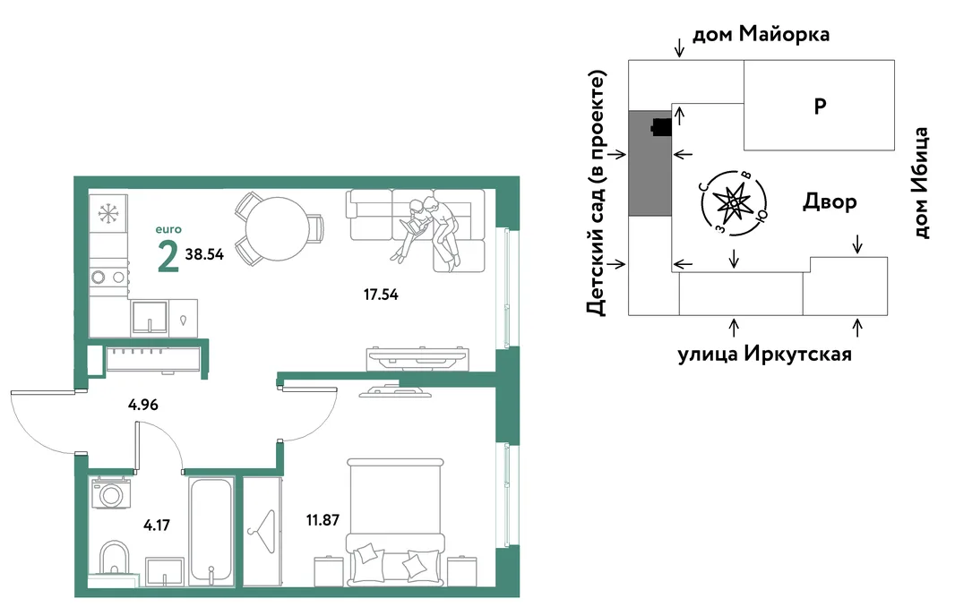 Планировка 2-комн. квартира, 38.54 м² ЖК «Остров-сад»
