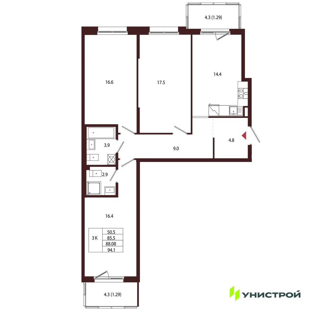 Планировка 3-комн. квартира, 88.08 м² ЖК «Лисино»