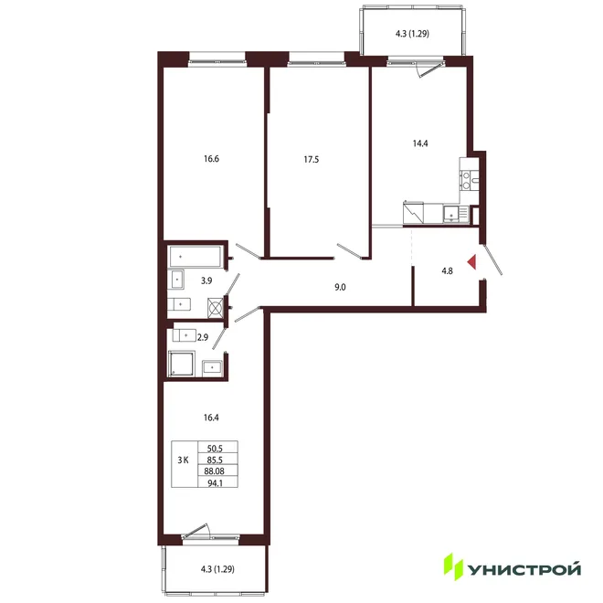 Планировка 3-комн. квартира, 88.08 м² ЖК «Лисино» Планировка 3-комн. квартира, 88.08 м² ЖК «Лисино»