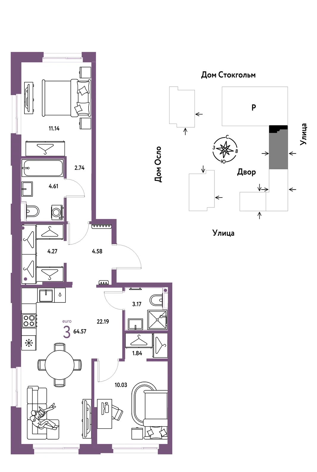 Планировка 3-комн. квартира, 64.57 м² ЖК «Европейский берег 2.0»