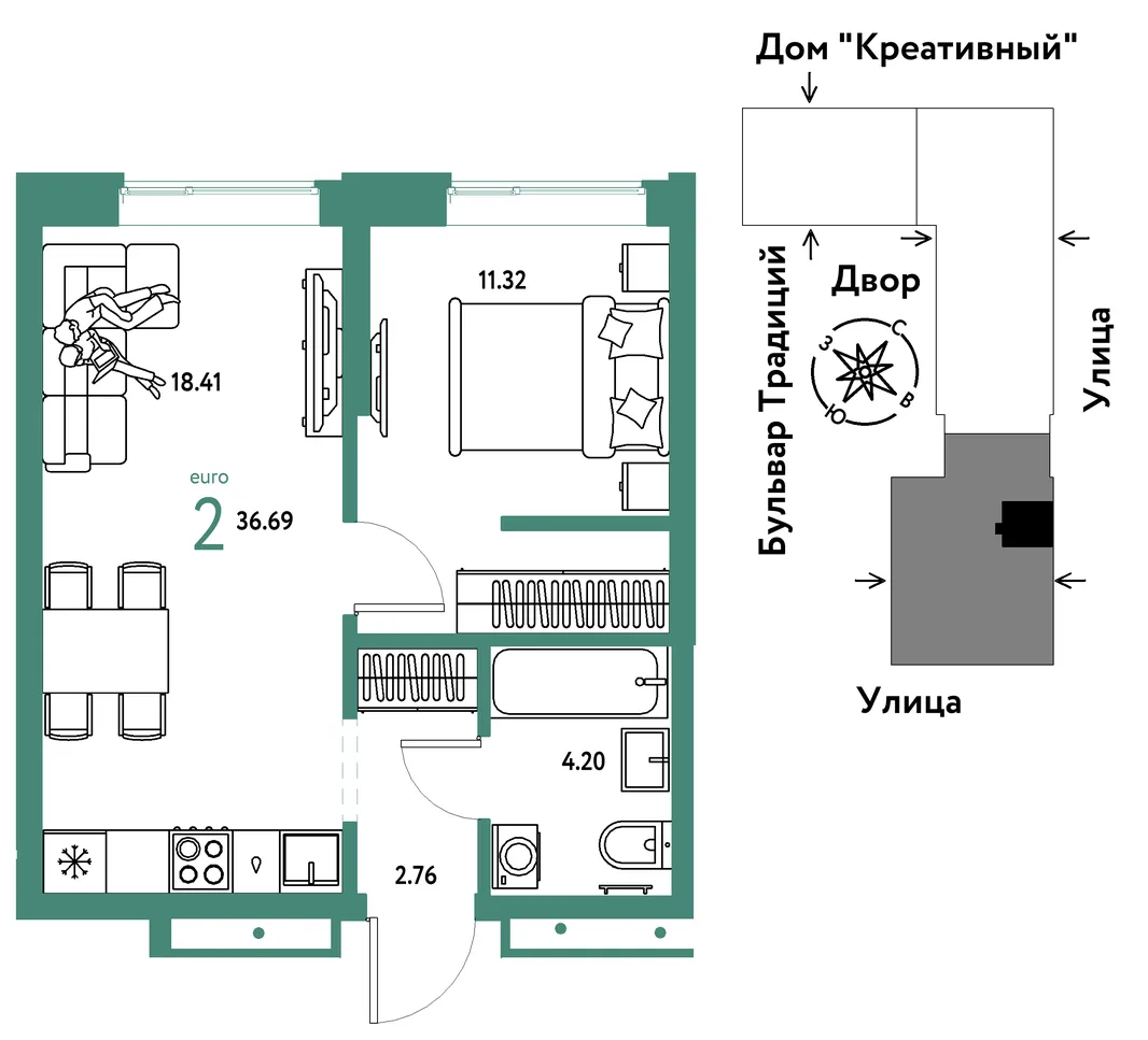 Планировка 2-комн. квартира, 36.69 м² ЖК «Микрорайон Домашний»