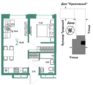 Планировка 2-комн. квартира, 36.69 м² ЖК «Микрорайон Домашний»
