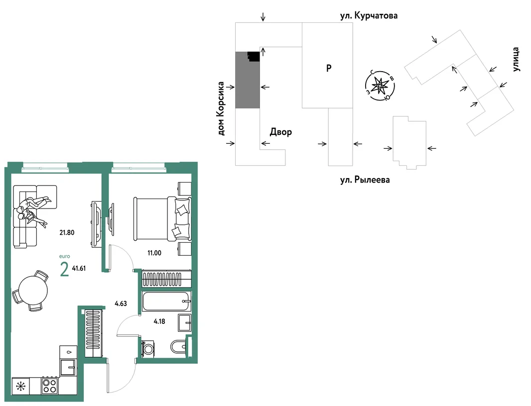 Планировка 2-комн. квартира, 41.6 м² ЖК «Остров-сад»