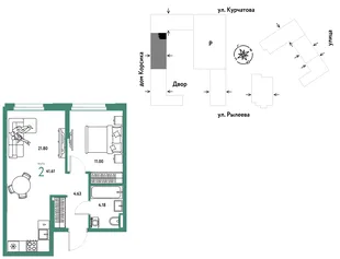 Планировка 2-комн. квартира, 41.6 м² ЖК «Остров-сад»