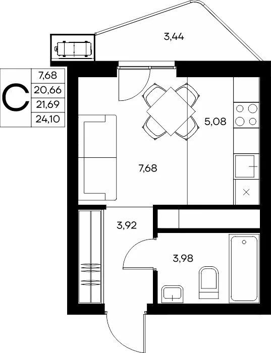 Планировка Студия, 24.1 м² ЖК «Прибрежный дом»